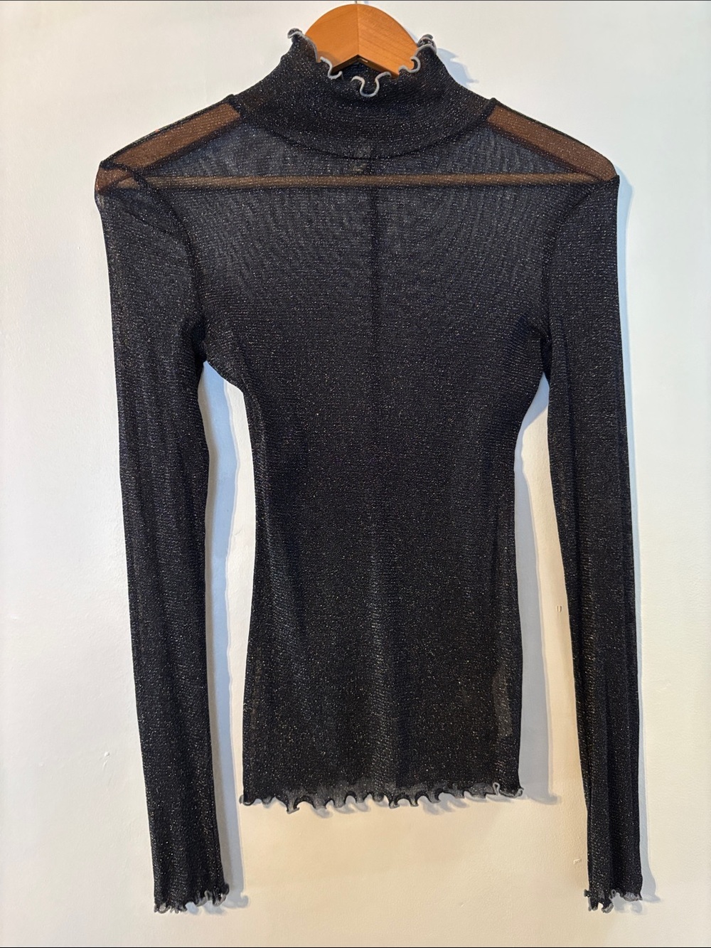 Anna Sui Black Sheer Metallic Mock Neck Long-Sleeve Top